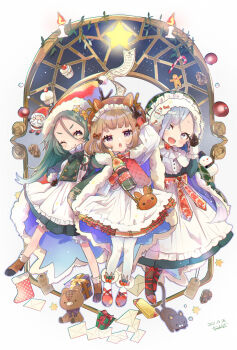 3girls :d :o ;) apron arm_up black_gloves black_pantyhose blue_hair blunt_bangs blush bottle bow bowtie brown_hair brown_hat brown_shoes champagne_bottle christmas closed_mouth commentary_request dress frilled_apron frills full_body fur-trimmed_headwear fur_trim gloves green_dress green_hair hand_up hat highres holding holding_bottle leg_ribbon long_hair long_sleeves looking_at_viewer multiple_girls one_eye_closed open_mouth original pantyhose red_bow red_bowtie red_hat red_ribbon red_shoes ribbon santa_hat shoes short_hair smile standing tsunoju v white_apron white_pantyhose