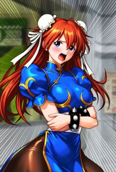 1girl :o absurdres blue_dress blue_eyes blurry blurry_background blush bracelet breasts brown_pantyhose bun_cover capcom chinese_clothes chun-li chun-li_(cosplay) commentary_request cosplay dress emphasis_lines female_focus gainax highres huge_filesize jewelry large_breasts long_hair looking_at_viewer neon_genesis_evangelion orange_hair pantyhose solo souryuu_asuka_langley spiked_bracelet spikes street_fighter street_fighter_ii_(series) sweat teeth upper_teeth_only west-maison wide_hips