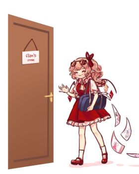 1girl ^_^ ascot bag blonde_hair closed_eyes collared_shirt commentary door english_commentary english_text eyewear_on_head flandre_scarlet frilled_skirt frills goodbye holding holding_bag mary_janes medium_hair red_skirt red_vest shirt shoes side_ponytail sketch skirt socks touhou vest waving white_shirt white_socks wings yoruny