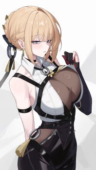 Rule 34 | 1girl, absurdres, arm strap, black choker, black gloves, black pants, blonde hair, braid, braided bun, breasts, chest harness, choker, cleavage, earrings, elbow gloves, evelyn chevalier, gloves, hair bun, harness, hashtag-only commentary, high-waist pants, highres, jewelry, large breasts, looking at viewer, mole, mole under eye, pants, partially fingerless gloves, purple eyes, ring hair ornament, see-through cleavage, see-through clothes, shirt, short hair, simple background, single elbow glove, sink (fukasa259742), solo, tight clothes, tight pants, white shirt, zenless zone zero