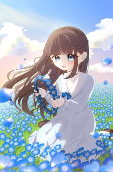 1girl bleu_sky blue_eyes brown_hair flower highres nemophila sailor_collar