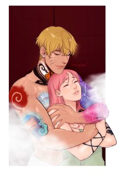 Rule 34 | 1boy, 1girl, alternate universe, arm tattoo, breasts, chest tattoo, cleavage, closed eyes, earrings, face piercing, facial mark, forehead mark, hair behind ear, haruno sakura, height difference, highres, hug, hug from behind, jewelry, kankuroplease, medium breasts, naked towel, naruto: the last, naruto (series), neck tattoo, nose piercing, nose ring, parted lips, piercing, piercing hole, pink lips, shoulder tattoo, smile, steam, tattoo, toned, toned male, topless male, towel, undercut, uzumaki naruto