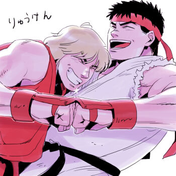 2boys arm_guards belt black_belt blonde_hair cezaria clothing_cutout dougi fingerless_gloves fist_bump bad_tag gloves grin headband karate_gi ken_masters multiple_boys muscular red_shirt ryu_(street_fighter) shirt smile street_fighter white_shirt