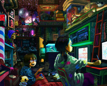 3girls absurdly_detailed_composition adobe_photoshop akuma_(street_fighter) anatomy anatomy_body aquarium barber_pole capcom cat censored clock computer computer_keyboard controller crt dildo disco_ball dog drawing_tablet electric_guitar fanta fish_tank game_boy game_boy_(original) game_controller gamepad glasses guitar gundam handheld_game_console hood hoodie instrument jagarico jonpei kotatsu lava_lamp loaded_interior mosaic_censoring multiple_girls nintendo original pajamas panda piano playing_games poke_ball pokemon rabbit_vibrator recursion room rx-78-2_gundam sex_toy shiba_inu space_invaders street_fighter street_fighter_iii_(series) table taito television topfreedom topless_female vibrator