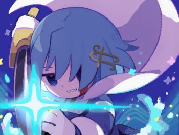 1girl bleeding blood_from_forehead blood blood_on_face blue_background blue_eyes blue_hair cloak dot_nose floating_cape gloves hair_ornament hair_over_one_eye highres holding holding_sword holding_weapon mahou_shoujo_madoka_magica miki_sayaka miki_sayaka_(magical_girl) short_hair signature solo sparkle sword teeth upper_body weapon white_cloak white_gloves yknsugar