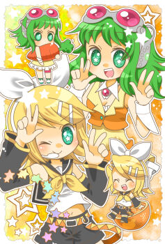 Rule 34 | 2girls, belt, blonde hair, bow, carrot, chibi, chibi inset, commentary request, food, fruit, goggles, goggles on head, green eyes, green hair, gumi, hair ornament, hairclip, headphones, headset, jacket, kagamine rin, kusunoki cherry, leg warmers, multiple girls, neckerchief, orange (fruit), orange jacket, parallel hairclips, red-tinted eyewear, red goggles, short hair, short hair with long locks, star-shaped pupils, star (symbol), symbol-shaped pupils, tinted eyewear, vocaloid, white bow, yellow belt, yellow neckerchief, yellow trim