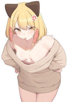 1girl :p absurdres artist_name bad_id bad_twitter_id blonde_hair breasts brown_sweater cleavage cloba commentary downblouse english_commentary highres long_sleeves medium_breasts naked_sweater original short_hair simple_background solo sweater tongue tongue_out white_background yellow_eyes