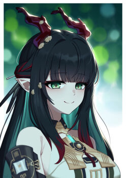 Rule 34 | 1girl, absurdres, arknights, arknights: endfield, bare shoulders, black hair, blunt bangs, blurry, blurry background, breasts, closed mouth, colored inner hair, commentary, green eyes, green hair, hair ornament, highres, horns, long hair, looking at viewer, medium breasts, multicolored hair, pointy ears, portrait, red hair, red horns, smile, solo, split mouth, tost (cloi123), zhuang fangyi (arknights)