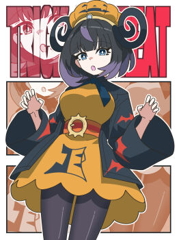 1girl black_dress black_hair blunt_bangs bob_cut closed_mouth coat dress gold_dress gradient_hair gwynn_(pokemon) halloween hat highres kanbei_(pixiv11037490) long_sleeves looking_at_viewer mega_stone multicolored_hair nintendo open_clothes open_coat pokemon pokemon_legends:_z-a pumpkin pumpkin_hat purple_eyes purple_hair short_hair thighhighs