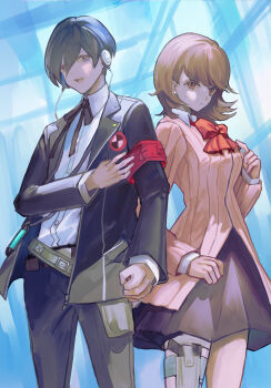 1boy 1girl armband belt black_jacket black_pants black_ribbon black_skirt blue_hair blurry blurry_background bow bowtie breasts brown_eyes brown_hair cardigan closed_mouth collared_shirt cowboy_shot digital_media_player digital_walkman earphones earrings evoker gekkoukan_high_school_uniform highres holster jacket jewelry long_sleeves looking_at_viewer male_focus medium_breasts miniskirt neck_ribbon open_clothes open_jacket open_mouth ori_(momonimo) pants persona persona_3 pink_cardigan pleated_skirt red_armband red_bow red_bowtie ribbed_cardigan ribbon s.e.e.s school_uniform shirt short_hair skirt standing stud_earrings takeba_yukari thigh_holster walkman_nw-s203f white_shirt yuuki_makoto_(persona_3)