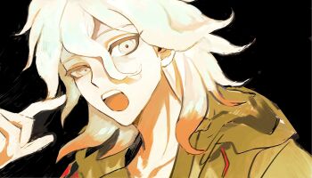 Rule 34 | 1boy, arm up, black background, collarbone, commentary request, danganronpa (series), danganronpa 2: goodbye despair, double-parted bangs, gradient hair, green eyes, green jacket, hair between eyes, highres, hood, hooded jacket, jacket, komaeda nagito, male focus, multicolored hair, open clothes, open jacket, open mouth, pitta (oshirinokeeeee), simple background, solo, teeth, uneven eyes, upper teeth only, white hair