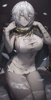 1girl absurdres bandages bandaged_arm bandaged_leg bandages barefoot breasts cape cleavage cloak code_vein dress free_style_(yohan1754) hair_between_eyes highres hood hooded_cape hooded_cloak io_(code_vein) jewelry large_breasts necklace pale_skin short_dress silver_hair tattoo thighs torn_clothes torn_dress white_dress yellow_eyes