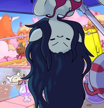 2girls 3boys :o adventure_time banana_guard bite_mark black_hair breasts chocoberry_(adventure_time) closed_eyes closed_mouth colored_skin demon_girl discount-supervillain fangs finn_the_human frown goggles highres long_hair marceline_abadeer multiple_boys multiple_girls peppermint_butler pool poolside toon_(style) upside-down vampire