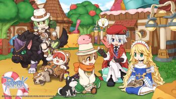 2girls 3boys :3 :d :o ahoge animal_ears apple backpack bag beret biolo_(ragnarok_online) black_gloves black_necktie black_shoes blonde_hair blue_dress blue_eyes breasts broccoli brown_coat brown_gloves brown_jacket brown_shorts candy candy_cane cardinal_(ragnarok_online) cat_boy cat_ears cattail cheese cleavage cleavage_cutout closed_eyes clothing_cutout coat collared_shirt copyright_notice dog dress eyes_visible_through_hair fake_animal_ears fedora fingerless_gloves food frilled_sleeves frills fruit full_body fur-trimmed_shorts fur-trimmed_sleeves fur_coat fur_collar fur_trim furry furry_male gloves green_eyes green_pants grey_hair hair_between_eyes hat high_collar highres holding holding_map hood hood_up hooded_coat house jacket light_bulb logo long_bangs long_hair long_sleeves looking_at_another macaron maid_headdress map medium_breasts multiple_boys multiple_girls necktie official_alternate_costume official_art official_wallpaper open_clothes open_coat open_mouth orange_eyes orange_scarf outdoors pants pelvic_curtain plant poring pullcart purple_vest raccoon ragnarok_online ranger_(ragnarok_online) red_coat red_hat riding saddle scarf shiba_inu shirt shoes short_hair shorts side_slit sitting slime_(creature) small_breasts smile spirit_handler_(ragnarok_online) spoken_light_bulb two-tone_dress very_long_hair vest wariza white_dress white_hat white_pants white_shirt wind_hawk_(ragnarok_online) wolf yuichirou