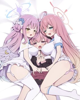 3girls age_difference ahoge arashiya ass bed black_panties black_shirt blue_archive blue_eyes blush bow bow_panties breasts brown_eyes clothes_lift clothes_pull commentary_request face-to-face feathered_wings fff_threesome group_sex hair_bun halo hanako_(blue_archive) hand_on_another's_stomach head_wings highres kneehighs kneepits koharu_(blue_archive) large_breasts legs legs_apart loli long_hair low_wings lying mika_(blue_archive) miniskirt multiple_girls navel no_shoes on_back on_side onee-loli open_mouth panties pantyhose pantyhose_pull pink_eyes pink_hair pink_halo pink_panties pleated_skirt purple_hair purple_halo red_skirt school_uniform serafuku shirt short_sleeves skirt skirt_lift smile socks thighs threesome underwear white_panties white_pantyhose white_shirt white_skirt white_socks wings yuri