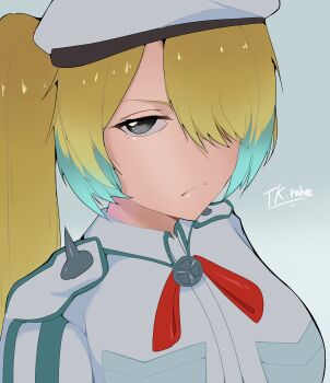 1girl absurdres artist_name bleach bleach:_sennen_kessen-hen blonde_hair breasts closed_mouth female_focus grey_eyes hair_over_one_eye hat highres looking_at_viewer military_hat nikita_deathlock ponytail quincy_(bleach) red_ribbon ribbon simple_background sternritter tk.nahee upper_body