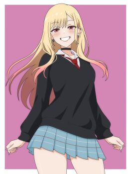 1girl absurdres black_sweater blue_skirt blush border breasts cowboy_shot dani_(angrymatthew) ear_piercing earrings gradient_hair gyaru highres jewelry kitagawa_marin long_hair miniskirt multicolored_hair necktie parted_lips piercing pink_background pink_hair pink_nails pleated_skirt red_eyes red_necktie shirt simple_background skirt smile solo sono_bisque_doll_wa_koi_wo_suru sweater teeth white_border white_shirt