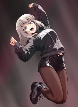 1girl absurdres alternate_costume blue_eyes breasts feet_out_of_frame girls_und_panzer highres itsumi_erika jacket jumping kamishima_kanon large_breasts long_hair looking_at_viewer open_mouth pantyhose shoes shorts sneakers solo white_hair