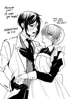 2boys aged_down aged_up alternate_universe blush ciel_phantomhive english_text eyelashes eyepatch gloves highres kurosh00kie kuroshitsuji long_sleeves male_focus monochrome multiple_boys role_reversal sebastian_michaelis short_hair simple_background yaoi