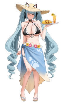 Rule 34 | 1girl, absurdres, alternate costume, animal ears, aqua hair, bare shoulders, bead bracelet, beads, bell, bikini, black bikini, black choker, black ribbon, blue sarong, blush, bracelet, breasts, cat ears, choker, cleavage, closed mouth, collarbone, commentary, ears through headwear, flower, food, frilled bikini, frilled thigh strap, frills, full body, goddess of victory: nikke, hair between eyes, hair ribbon, hat, highres, holding, holding tray, jewelry, juice, large breasts, long hair, looking at viewer, maid, maid bikini, name tag, navel, neck bell, omelet, omurice, orange juice, paw hair ornament, piira (gp0pz), privaty (nikke), privaty (unkind maid) (nikke), ribbon, sandals, sarong, sidelocks, simple background, solo, standing, stomach, sun hat, sweat, swimsuit, tachi-e, thigh strap, tray, twintails, unconventional maid, very long hair, white background, yellow eyes