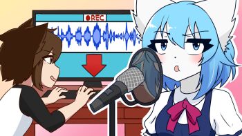 Rule 34 | 1boy, 1girl, animal ears, annoyed, blue hair, bob cut, border, brown hair, colored skin, gradient background, half-closed eyes, highres, indie virtual youtuber, jordan sweeto, microphone, microphone stand, monitor, pout, recording, sound wave, thick eyelashes, typing, virtual youtuber, white border, wolf boy, wolf ears, wolf girl, wolfychu, wolfychu (artist)