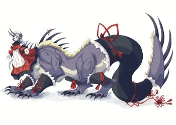 1girl 4138 apron centauroid claws dress grey_hair highres horns long_hair long_sleeves maid_headdress monster_girl original puffy_sleeves red_dress red_ribbon ribbon simple_background tail taur yellow_eyes