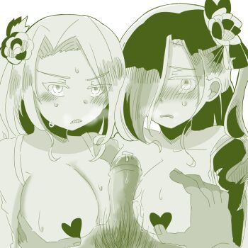 2girls bad_id bad_pixiv_id bad_tag cooperative_paizuri dorothee_(grimms_notes) grimms_notes looking_at_viewer monochrome multiple_girls noemie_(grimms_notes) odai_0715 paizuri pov teamwork_(sexual) topless_female