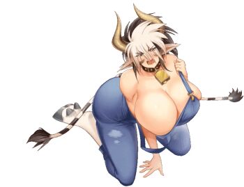 1girl animal_ears animated animated_gif arm_support bare_shoulders blush breasts cathyl cleavage cow_ears cow_horns cow_tail cowbell female_focus full_body horns huge_breasts kneeling looking_at_viewer monster_musume_no_iru_nichijou no_bra orange_eyes overalls short_hair solo tail