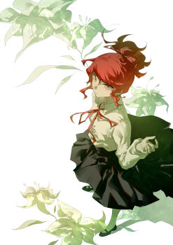 1girl absurdres black_shoes black_skirt breasts circle_skirt closed_mouth commentary_request dress_shirt flower from_above full_body grey_eyes hand_up hello_charlotte highres huaji_niang long_sleeves looking_at_viewer mary_janes ponytail red_hair red_ribbon ribbon scarlett_eyler shirt shoes sidelocks skirt small_breasts socks solo white_flower white_shirt white_socks wing_collar