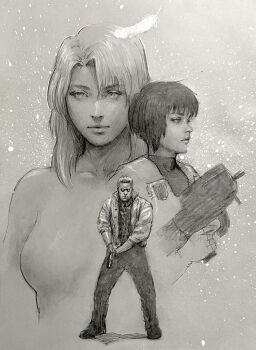 2girls batou_(gits) black_hair bulletproof_vest bullpup ghost_in_the_shell grey_background greyscale gun handgun highres holding holding_gun holding_weapon kuroiwa_enu kusanagi_motoko long_hair looking_to_the_side monochrome multiple_girls project_2501 short_hair weapon