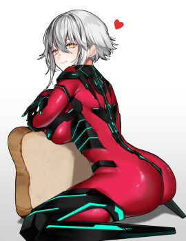 1girl ass ass_focus black_gloves bodysuit bread bread_slice breasts commentary cyborg english_commentary food gloves grey_hair heart highres huge_ass indie_virtual_youtuber large_breasts light_smile looking_at_viewer looking_back mechanical_legs red_bodysuit short_hair skin_tight thighs toast virtual_youtuber yellow_eyes yuniiho zentreya