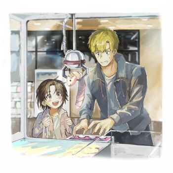 1boy 1girl akeuraji_tsukasa atsu_66 blonde_hair border brown_eyes brown_hair child crane_game hashtag-only_commentary highres jacket medalist_(manga) mole mole_under_eye open_mouth shirt short_hair smile stuffed_animal stuffed_toy white_border yellow_eyes yuitsuka_inori