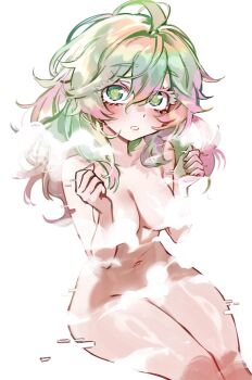 1girl boku_no_hero_academia breasts colored_eyelashes completely_nude convenient_censoring foolish_potato green_eyes green_hair hagakure_toru hair_between_eyes hands_up hashtag-only_commentary large_breasts long_hair looking_at_viewer navel nude simple_background sitting solo steam steam_censor stomach white_background