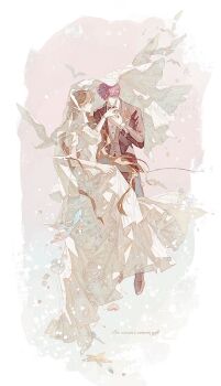 Rule 34 | 1boy, 1girl, bird, black bow, black bowtie, black jacket, border, bow, bowtie, bracelet, breasts, brown hair, bubble, chaoxibumian, clothes lift, collared shirt, commentary request, corsage, couple, dress, dress lift, dress shirt, fish, full body, grey vest, hetero, highres, holding hands, jacket, jewelry, long dress, long hair, love and deepspace, medium breasts, off-shoulder dress, off shoulder, pink background, protagonist (love and deepspace), purple hair, rafayel (love and deepspace), seashell, shell, shirt, short hair, smile, starfish, veil, vest, waistcoat, white border, white dress, white shirt, white veil