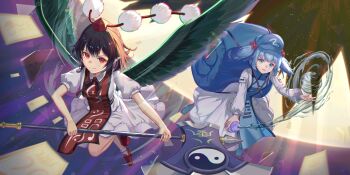 2girls aerokinesis alternate_costume axe backpack bag bird_wings black_hair black_ribbon blue_bag blue_boots blue_eyes blue_hair blue_hat blue_tabard boku_no_edamame boots breasts commentary cosplay dress english_commentary feathered_wings full_body game_cg gourd green_wings hair_bobbles hair_ornament hat highres holding holding_gourd holding_polearm holding_weapon hydrokinesis kawashiro_nitori kawashiro_nitori_(pseudo-shikigami:_myoudouki_giken) key long_sleeves looking_at_viewer medium_breasts medium_hair midair multiple_girls neck_ribbon official_art open_mouth pointy_ears polearm pom_pom_(clothes) puffy_short_sleeves puffy_sleeves red_eyes red_hat red_shoes red_tabard ribbon shameimaru_aya shameimaru_aya_(pseudo-shikigami:_zendouki_gigaku) shoes short_hair short_sleeves smile socks tabard third-party_source tokin_hat touhou touhou_lostword twintails two_side_up water weapon white_dress white_socks wind wings yakumo_yukari yakumo_yukari_(cosplay) yin_yang