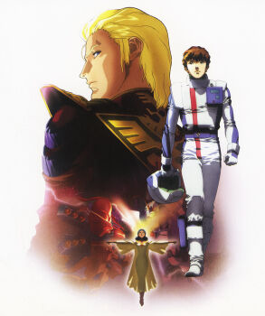 1980s_(style) 1990s_(style) 1girl 2boys amuro_ray battle energy_sword bindi bit_(gundam) black_hair blonde_hair blue_eyes boots brown_hair char's_counterattack char_aznable crossed_swords curly_hair dark_skin dress duel earth_federation_space_forces energy floating ghost gloves glowing gundam helmet highres kitazume_hiroyuki lalah_sune looking_back mecha military military_uniform mobile_suit mullet multiple_boys nu_gundam official_art oldschool outstretched_arms pilot_suit promotional_art retro_artstyle robot sazabi scan science_fiction short_hair spacesuit spirit spoilers sword traditional_media tunic unworn_headwear unworn_helmet walking_towards_viewer weapon when_you_see_it