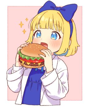 1girl :d assistant_(onyhakase) blonde_hair blue_bow blue_dress blue_eyes blue_hair blue_hairband blue_ribbon blush bow bow_hairband burger coat collared_shirt colored_inner_hair commentary_request cropped_torso dress eating food hair_bow hairband holding holding_burger holding_food lab_coat long_sleeves multicolored_hair neck_ribbon onyhakase open_mouth original pinafore_dress ribbon shirt sleeveless sleeveless_dress smile solo sparkle two-tone_hair white_coat white_shirt