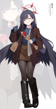 ^_^ alternate_costume autumn bag black_hair black_pantyhose black_wings blue_archive blue_sweater blush boots brown_coat brown_skirt casual closed_eyes coat feathered_wings flower hair_ornament hairclip halo highres holding holding_flower ichika_(blue_archive) long_hair low_wings mill_bbang pantyhose red_flower red_halo red_rose rose scarf shoulder_bag skirt smile sweater waving wings