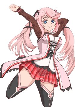 1girl black_thighhighs blue_eyes closed_mouth eiyuu_densetsu floating_hair highres kuro_no_kiseki kuro_no_kiseki_(series) kuro_no_kiseki_ii long_hair long_sleeves looking_at_viewer nadia_rayne parted_bangs pink_hair plaid_clothes plaid_skirt simple_background sirakaba324 skirt smile solo swept_bangs thighhighs twintails white_background