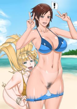 2girls assisted_exposure bandai_namco beach bikini bikini_pull blonde_hair breasts brown_eyes brown_hair censored cleavage clothes_pull cloud day double_v emilie_de_rochefort female_pubic_hair green_eyes highres kazama_asuka large_breasts midou_tsukasa multiple_girls navel ocean outdoors pubic_hair pussy short_hair sky smile standing swimsuit tan tanline tekken v water yuri