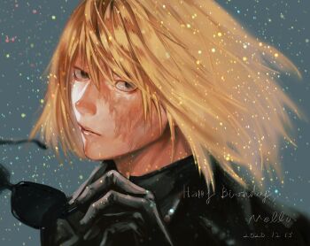 1boy black_gloves black_jacket black_shirt blonde_hair character_name closed_mouth commentary_request dated death_note facial_scar gloves grey_background happy_birthday holding holding_removed_eyewear jacket looking_at_viewer male_focus medium_hair mello_(death_note) no_eyebrows pan2ca scar scar_across_eye scar_on_cheek scar_on_face shirt solo sunglasses unworn_eyewear upper_body