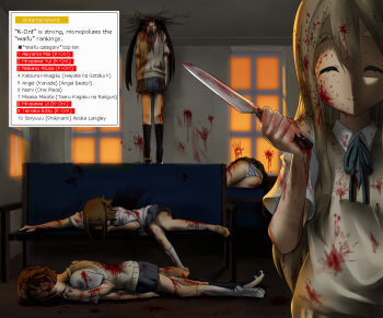 6+girls akiyama_mio bad_end bench black_hair bleeding blonde_hair blood blood_on_face blood_stain brown_hair ceiling chair closed_eyes crazy death guro hairband hanged hard-translated head_through_ceiling hirasawa_ui hirasawa_yui injury k-on! kneehighs knife kotobuki_tsumugi legs long_hair lying multiple_girls murder nakano_azusa noose panties ponytail ribbon school_uniform shoes short_hair skirt smile socks striped_clothes striped_panties tainaka_ritsu third-party_edit translated tsunbeji twintails underwear upskirt uwabaki very_long_hair vest weapon window yandere
