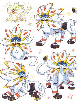 Rule 34 | absurdres, animal focus, blue eyes, blue sclera, colored sclera, commentary request, gen 7 pokemon, highres, legendary pokemon, lion, looking at viewer, lying, multicolored eyes, neko gyoza, nintendo, no humans, open mouth, pokemon, pokemon (creature), solgaleo, star (symbol), two-tone eyes, white background, white eyes