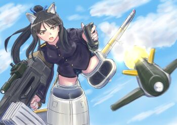 1girl animal_ears black_hair blue_jacket blue_ribbon blue_sky breasts brown_eyes cannon cloud commentary_request dog_ears dutch_angle hair_ribbon hattori_shizuka jacket keyboardnoob large_breasts magazine_(weapon) missile ribbon school_swimsuit shoulder_boards sky solo st._gloriana&#039;s_military_uniform striker_unit swimsuit thighs translation_request