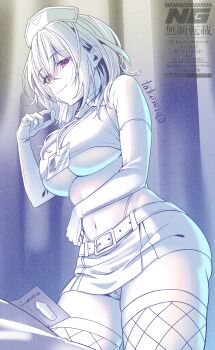 Rule 34 | arm under breasts, azur lane, bare shoulders, breasts, commentary request, cropped shirt, elbow gloves, fishnet thighhighs, fishnets, gloves, highres, holding, indoors, large breasts, medium hair, monochrome, nurse, panties, pantyshot, pittsburgh (azur lane), red eyes, revealing clothes, shirt, skirt, sleeveless, sleeveless shirt, spot color, suppository, takemi mochi, thighhighs, underboob, underwear, white panties, white shirt, white skirt