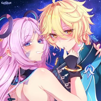 1boy 1girl absurdres aether_(genshin_impact) aether_(snezhnaya)_(genshin_impact) artist_name back backless_outfit blonde_hair blue_eyes blush citlali_(genshin_impact) copyright_name facial_mark floating_headgear forehead_mark genshin_impact gold_bangle hair_between_eyes hair_intakes hand_on_another's_chin headgear highres long_hair looking_at_viewer midori_(midori13579) nail_polish parted_bangs pink_hair purple_nails ring_hair_ornament smirk star_(sky) starry_sky_background triangle triangle_facial_mark upper_body yellow_eyes