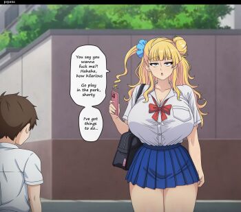 1boy 1girl absurdres age_difference blush breasts brown_hair english_text galko hat highres holding holding_phone huge_breasts oshiete!_galko-chan phone pzpana school_uniform short_hair shota size_difference speech_bubble