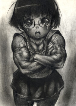androgynous angry apyoapyo flat_chest gender_request glasses loli makki_(apyoapyo) monochrome muscular school_uniform short_hair source_request