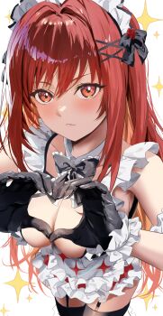 1girl apron bare_shoulders black_bow black_bowtie black_garter_straps black_gloves black_thighhighs blush bow bowtie breasts cleavage closed_mouth commentary_request detached_collar garter_straps gloves goddess_of_victory:_nikke hair_bow hair_ornament highres kuu_(user_gngs5284) large_breasts long_hair looking_at_viewer maid maid_apron maid_headdress official_alternate_hair_color rapi_(nikke) rapi_(red_hood)_(nikke) red_eyes red_hair solo thighhighs very_long_hair white_apron x_hair_ornament