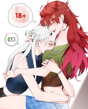 Rule 34 | 2girls, bare arms, between breasts, black nails, blue shirt, blue skirt, bracelet, breasts, censored thought, closed eyes, closed mouth, commentary, earrings, face between breasts, green shirt, hand in another's hair, head between breasts, highres, hug, jewelry, long hair, multiple girls, off-shoulder shirt, off shoulder, original, red hair, ring, shirt, simple background, skirt, sleeveless, sleeveless shirt, smile, stud earrings, sweetandsour9, white background, white hair, yuri